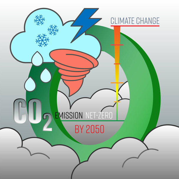 Carbon dioxide emission net-zero by 2050. Air pollution control measure to reduce climate change. Vector illustration outline flat design style. - Vector, Image