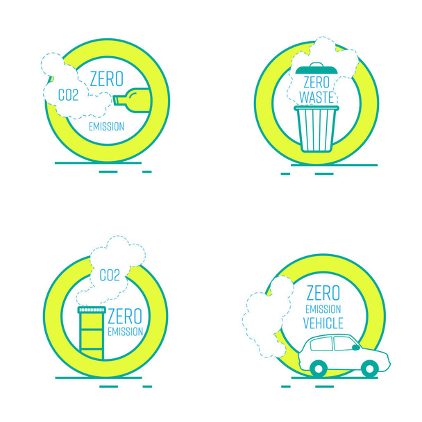 CO2 zero emission and zero waste symbol set. Dashed lines shape as a gimmick of disappearing.  Vector illustration outline flat design style. - Vector, Image