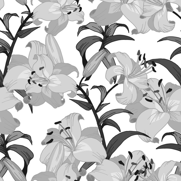 nahtloses Muster mit Zweigen und Lilienblüten in monochromgrau, Ornament für Tapete und Stoff, Packpapier, Hintergrund für verschiedene Designs - Vektor, Bild