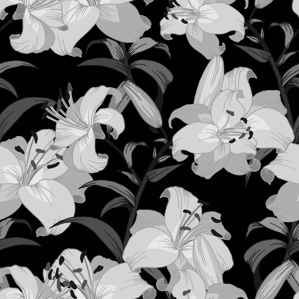 seamless pattern with branches and flowers of lilies in monochrome gray, ornament for wallpaper and fabric, wrapping paper, background for different designs - Vektor, Bild