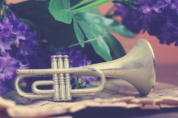 Τρομπέτα σε μουσικές νότες και μοβ λουλούδια τόσο κοντά - Φωτογραφία, εικόνα