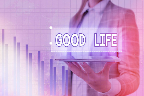 Handwriting text Good Life. Concept meaning living in comfort and luxury with few problems or worries Arrow symbol going upward denoting points showing significant achievement. - Photo, Image