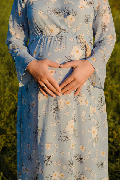 Portrait de jeune femme enceinte sur le terrain. Une femme en robe bleue a posé ses mains sous la forme d'un cœur dans la nature. - Photo, image