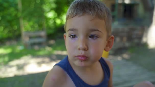 Malý chlapec žvýkání při sezení venku - Malý kavkazský kluk jíst na dvorku - mužské dítě čtyři roky mají svačinu nebo oběd rozhlížet - skuteční lidé volnočasové aktivity ve dne zblízka - Záběry, video