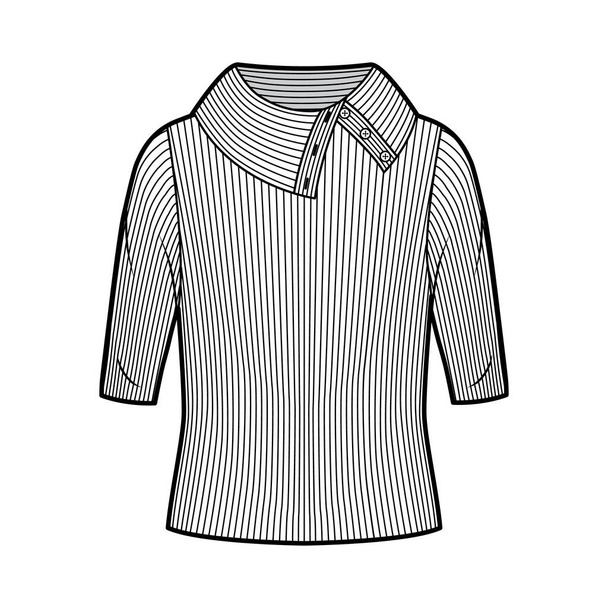 Suéter de punto acanalado cuello alto con botones anchos ilustración técnica de moda con mangas de codo, cuerpo de gran tamaño.  - Vector, Imagen