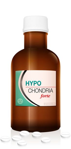 HYPOCHONDRIA hapları hastalık hastaları için. Kahverengi ilaç şişesi, tıbbi istismar, saplantı, bağımlılık ve bağımlılıkla ilgili. Beyaz üzerinde izole vektör. - Vektör, Görsel