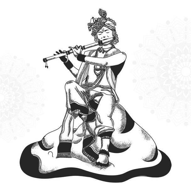 Illustrazione di schizzo disegnato a mano creativa di Lord Krishna, compleanno della celebrazione del festival indiano di Lord Krishna. Buon janmashtami. - Vettoriali, immagini