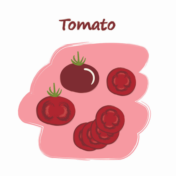 Gemüsescheiben mit Titeln, niedliche Zeichnungen, geschnittene Tomaten - Vektor, Bild