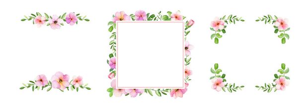 Hand painted pink watercolor flower frames, square on white background.  - Valokuva, kuva