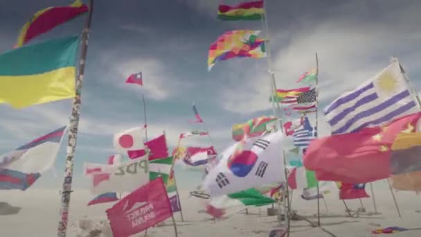 Dakar-Flaggen als Anden-Flagge und bolivianische Flagge in Uyuni Salar, Bolivien. - Filmmaterial, Video