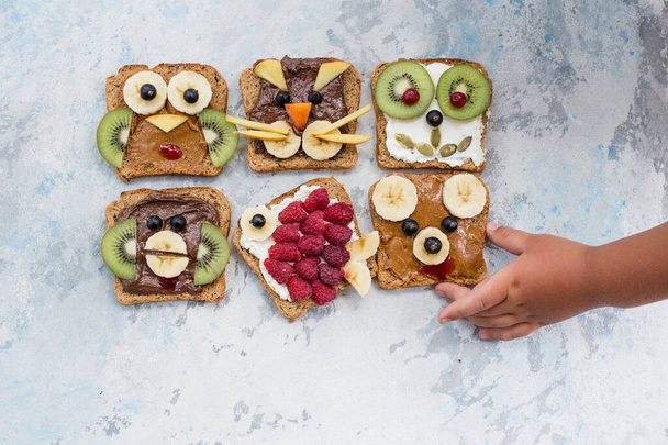 Funny breakfast toast for kids shaped as cute cat, dog, bear, pig, fish. Food art sandwich for child. Isolated. Animal faces toasts with spreads, fruits - Photo, image