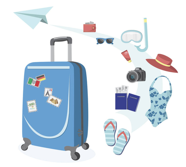 Zeit zum Reisen. Vektorillustration eines Reisekoffers mit Kleidung und Reiseelementen. Reisegepäck - Vektor, Bild
