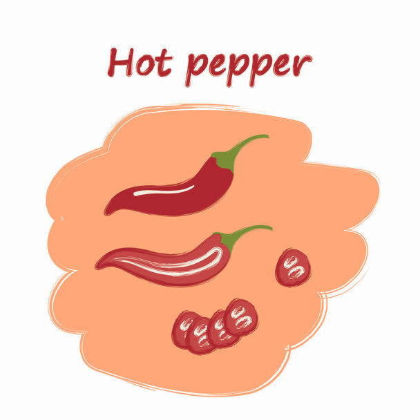 Sliced vegetables with titles, cute drawings, set of chopped hot peppers - Vector, Image