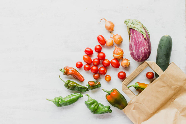 Shopping bag con verdure assortite e spazio copia a sinistra per il testo - Foto, immagini