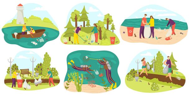 Environment and volunteers cleaning and gathering garbage in bags, in park, in sea set of flat vector illustrations. Ecology, waste. - Vektor, Bild