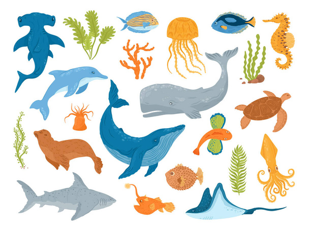 Ocean and sea animals and fish, set of isolated vector illustrations. Marine sea underwater creatures and mammals, whale. - Vektori, kuva
