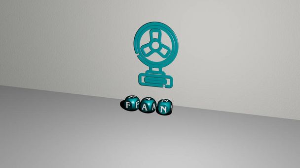 3D illustration of FAN graphics and text made by metallic dice letters for the related meanings of the concept and presentations. background and football - Photo, Image