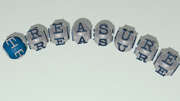 mots croisés de trésor disposés par des lettres cubiques sur un plancher miroir, concept sens et présentation. illustration et contexte - Photo, image