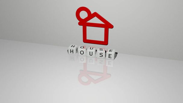 HOUSEの3Dグラフィカルなイメージと、上面からのメタリックな立方体文字によるテキストが縦方向に配置されており、コンセプトプレゼンテーションやスライドショーに最適です。建物や建築物 - 写真・画像