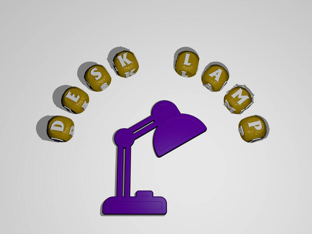 Ilustración 3D de gráficos de lámparas de escritorio y texto alrededor del icono hecho por letras de dados metálicos para los significados relacionados con el concepto y las presentaciones. negocios y antecedentes
 - Foto, imagen