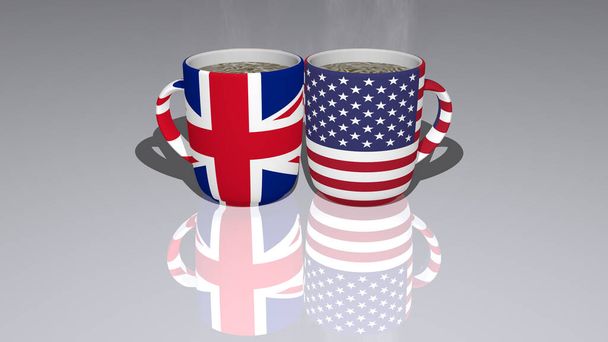 Birleşik Krallık Amerika Birleşik Devletleri, bir fincan sıcak kahvenin üzerine yerleştirilmiş, yerde yansıtılmış, gerçekçi bir perspektif ve gölgelerle. - Fotoğraf, Görsel