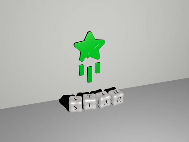 3D grafische afbeelding van de ster verticaal samen met tekst gebouwd door metalen kubieke letters vanuit het bovenste perspectief, uitstekend voor de concept presentatie en diavoorstellingen. illustratie en achtergrond - Foto, afbeelding