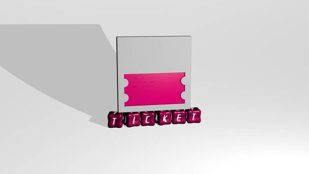 Image graphique 3D de TICKET verticalement avec texte construit par des lettres cubiques métalliques du point de vue du haut, excellent pour la présentation du concept et des diaporamas. illustration et contexte - Photo, image