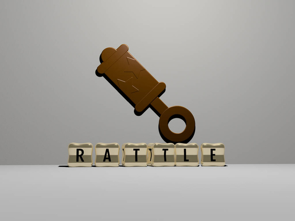 3D представление RATTLE с иконкой на стене и текстом, упорядоченным металлическими кубическими буквами на зеркальном полу для представления концепции и слайд-шоу. ребенок и иллюстрация - Фото, изображение