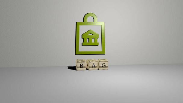 3D reprezentacja BAG z ikoną na ścianie i tekst ułożone metalicznymi liter sześciennych na podłodze lustra dla znaczenia koncepcji i prezentacji pokaz slajdów. Ilustracja i tło - Zdjęcie, obraz