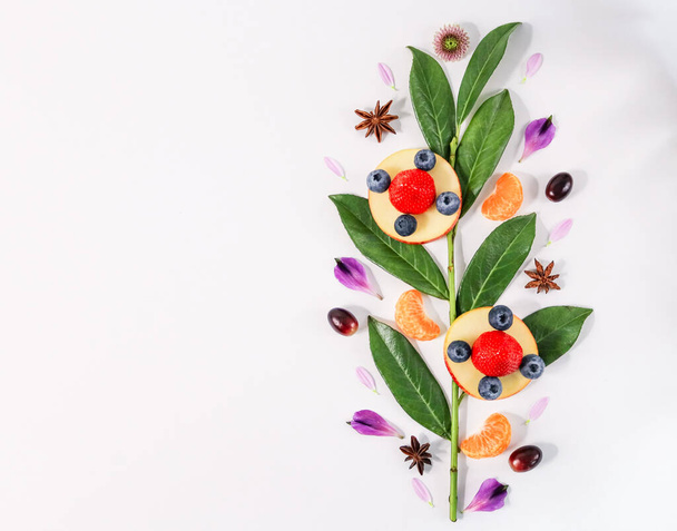 Fruits and berries are laid out in the shape of a flower on a branch with green leaves on the right and with space for text on the left, close-up top view. - Foto, Imagen