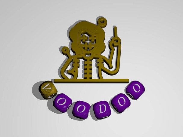 3D-Darstellung von Voodoo mit Icon an der Wand und Text, angeordnet durch metallische kubische Buchstaben auf einem Spiegelboden für Konzeptbedeutung und Diashow-Präsentation. Illustration und Puppe - Foto, Bild