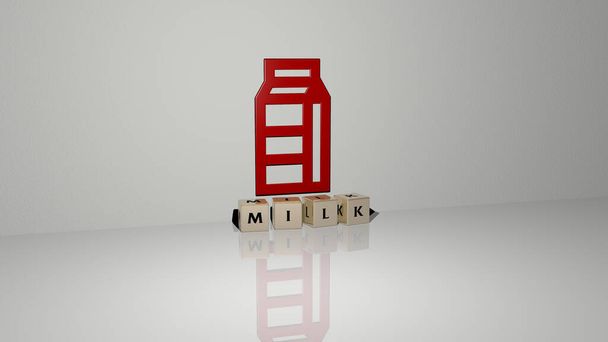 Illustration 3D de graphiques de lait et de texte réalisés par des dés métalliques pour les significations connexes du concept et des présentations. contexte et nourriture - Photo, image