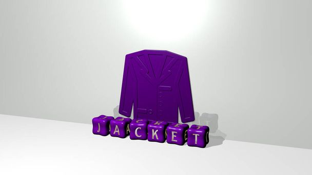 3D representation of JACKET with icon on the wall and text arranged by metallic cubic letters on a mirror floor for concept meaning and slideshow presentation. background and girl - Photo, Image