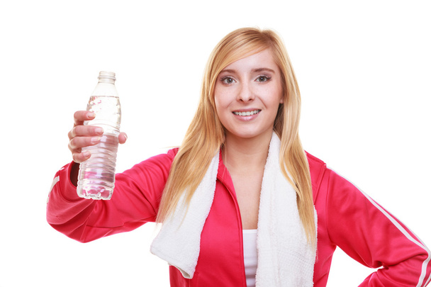 Fitness woman sport girl with towel and water bottle isolated - Foto, Imagen