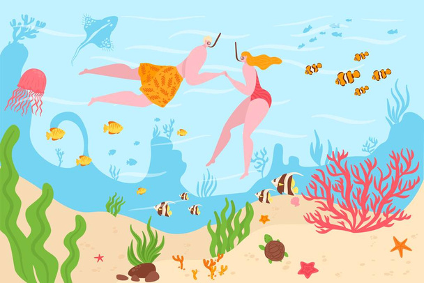 Underwater in tropical coral reefs ocean divers man and woman dive among marine fish vector illustration. Underwater swiming. - Vettoriali, immagini
