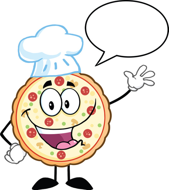komik pizza chef çizgi film maskot karakteri ile konuşma balonu sallayarak - Fotoğraf, Görsel