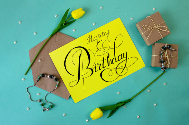postcard or Internet banner with a birthday greeting, with the inscription - happy birthday - Fotó, kép