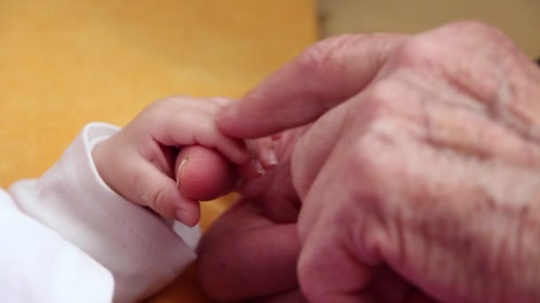 Mano a mano. La abuela sostiene la mano de un recién nacido
 - Imágenes, Vídeo
