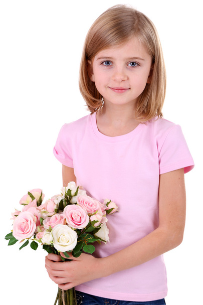 Beautiful little girl holding bouquet isolated on white - Foto, immagini