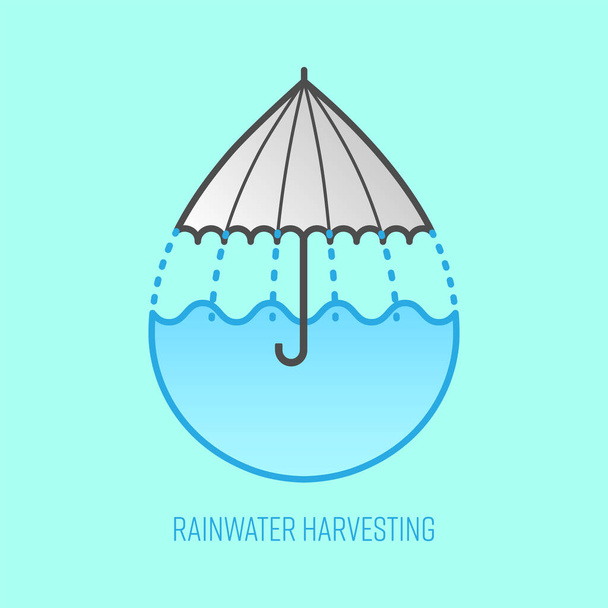 雨水採取のシンボル。水滴の形は、ギミックとしての傘のアイコンと水の貯蔵に意味します。ベクトルイラストアウトラインフラットデザインスタイル. - ベクター画像