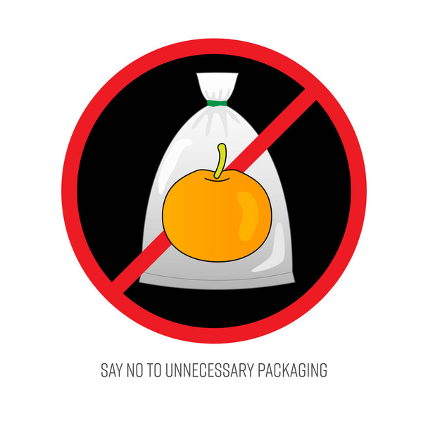 Πες όχι σε περιττά πλαστικά σύμβολα συσκευασίας. Σταματήστε να συσκευάζετε φρέσκα φρούτα με περιττές συσκευασίες για τη μείωση της ρύπανσης από πλαστικό. Εικονογράφηση διάνυσμα περίγραμμα επίπεδη σχεδίαση στυλ. - Διάνυσμα, εικόνα