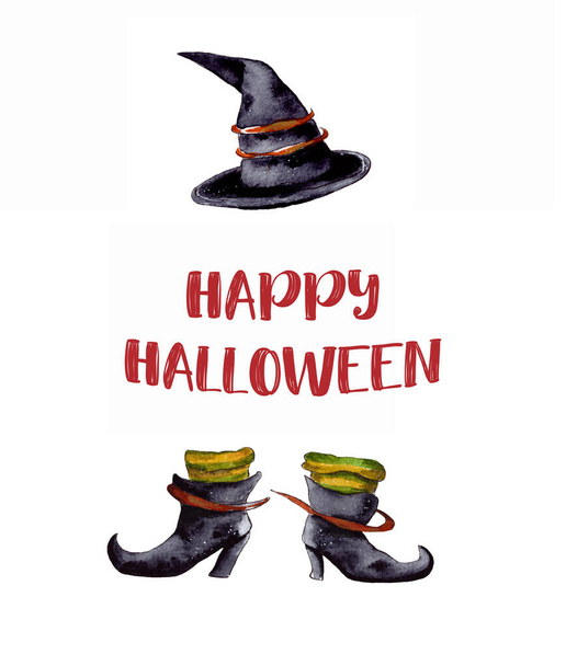 watercolor illustration.A witch's hat and black witch's boots.happy Halloween label for postcards, banners, business cards, posters. isolated on a white background. - Foto, immagini