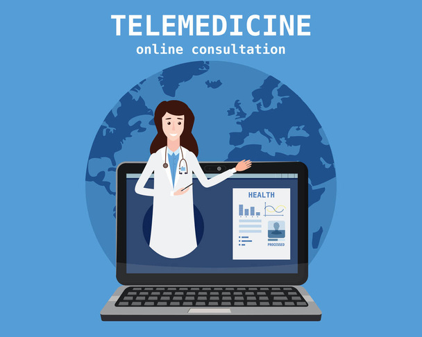 Telemedicine laptop concept characters doctor consultation diagnosis by internet. Online doctor service. Vector illustration isolated - Vector, Image