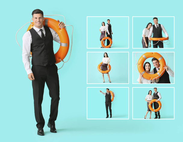 Young business people with lifebuoy on color background - Photo, Image