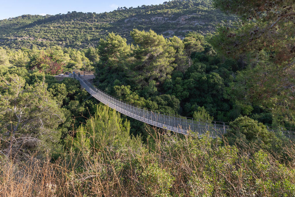 Most wiszący w publicznym moście wiszącym Nesher Park w mieście Nesher w północnym Izraelu - Zdjęcie, obraz
