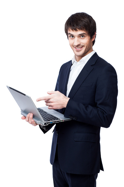 Young businessman use laptop on white background. - Foto, Imagen