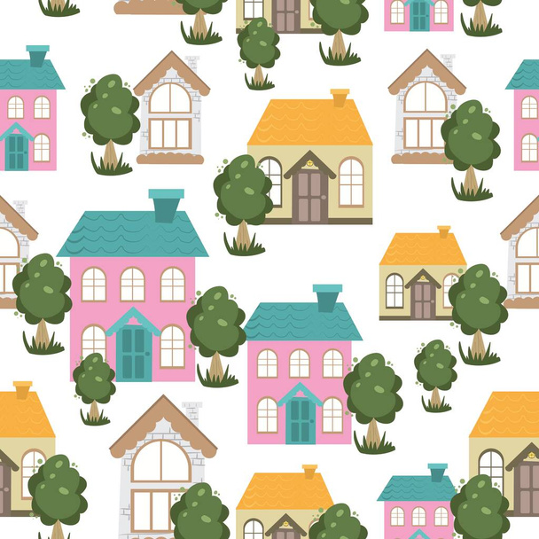 Μοτίβο με σπίτια και δέντρα σε λευκό φόντο - Διάνυσμα, εικόνα