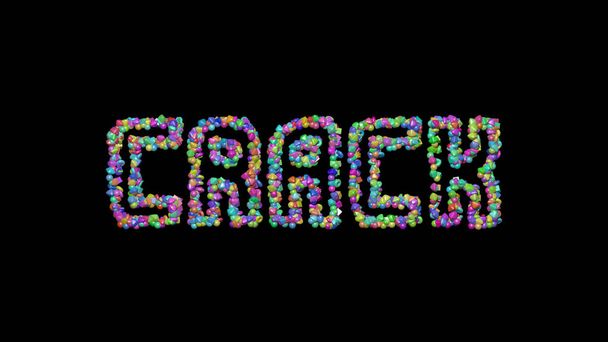 Colorful 3D writing of crack text with small objects over a dark background and matching shadow. abstract and texture - Foto, Bild