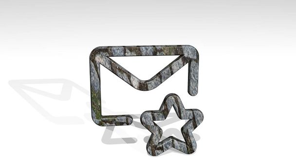 e-mail akcja gwiazda odlewania cień z perspektywy. Gruba rzeźba wykonana z metalowych materiałów renderingu 3D. Ilustracja i biznes - Zdjęcie, obraz