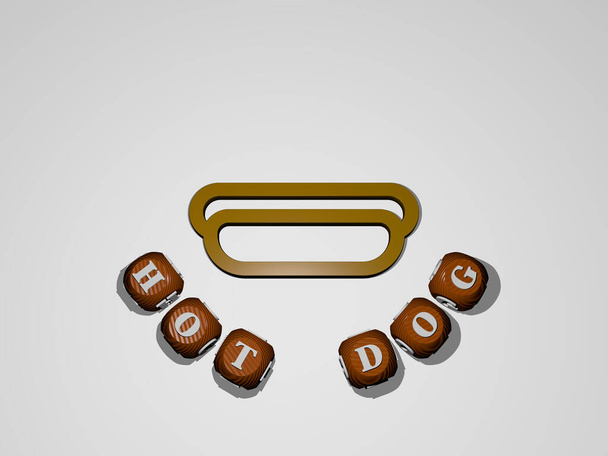 3D-Illustration von Hot-Dog-Grafiken und Text rund um das Symbol, hergestellt durch metallische Würfelbuchstaben für die damit verbundenen Bedeutungen des Konzepts und der Präsentationen. Hintergrund und Kaffee - Foto, Bild